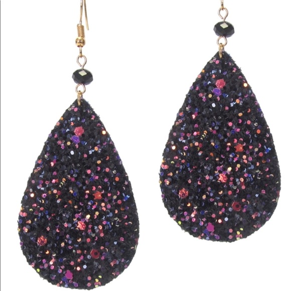 BLACK GLITTER TEARDROP EARRINGS - Picture 1 of 6
